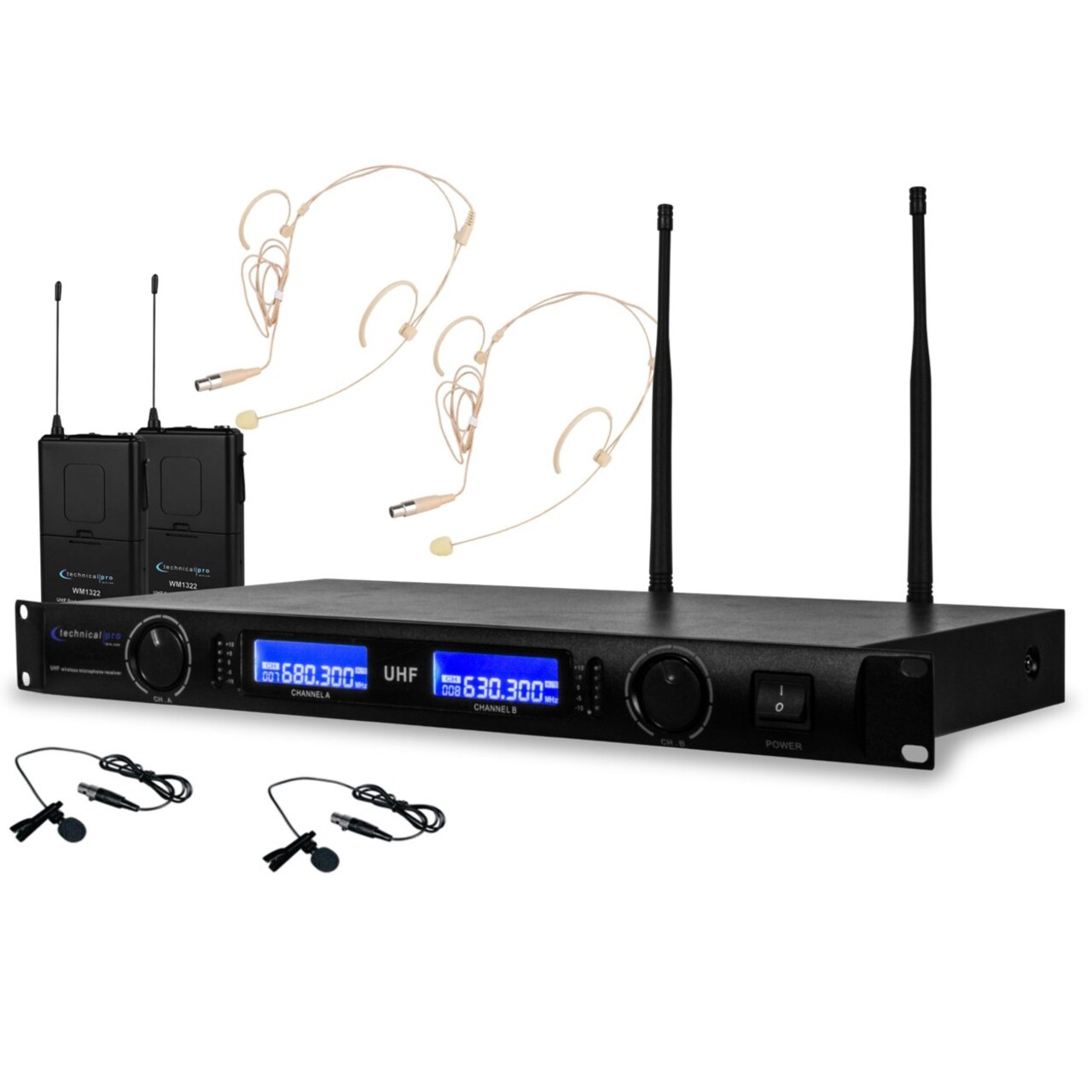 Technical Pro Uhf Dual Wireless Microphone System With Headset And Lapel Mics